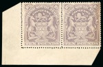 Stamp of Rhodesia 1898-1908 Arms £10 lilac, unused bottom left corner sheet marginal pair with part original gum