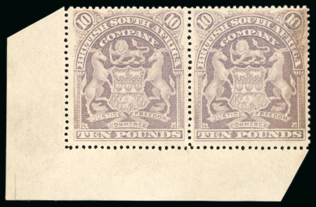 Stamp of Rhodesia 1898-1908 Arms £10 lilac, unused bottom left corner sheet marginal pair with part original gum