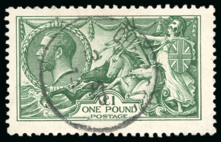 Stamp of Great Britain » King George V » 1913-19 Seahorse Issues 1913 Waterlow £1 green, used with central cds, excellent