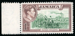 Stamp of Jamaica 1938-52 MCA Script 1s green and purple-brown, mint showing "Repaired chimney" plate flaw