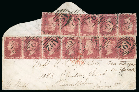 Stamp of Great Britain » 1854-70 Perforated Line Engraved 1856-58 1d deep rose-red, wmk Large Crown, perf.14, single, strip of five and strip of six on envelope tied A92