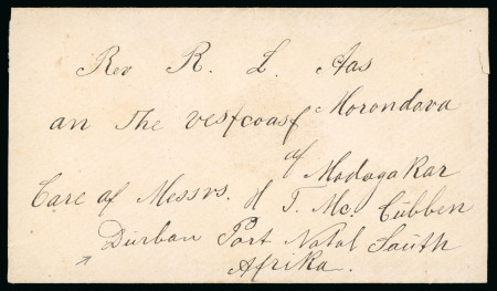 Stamp of Madagascar (British Post) Stampless envelope to Reverend Aas at Morondava "on