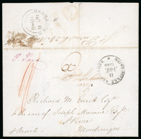 Stamp of Barbados 1846 (No 8) entire to Martinique, with "BARBADOES" double arc despatch on backflap
