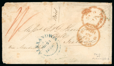 Stamp of Egypt » British Post Offices » Alexandria 1856 (Mar 24) envelope to Ireland with blue Alexandria despatch cds and "PAID / AT / ALEXANDRIA" crown circle ds