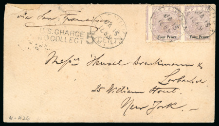 Stamp of Fiji 1889 (Jan 15) envelope to the USA with 1878-99 4d on 2d (type A surch.) perf.10 pair