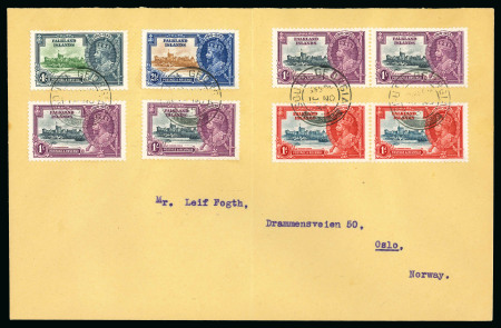 Stamp of Falkland Islands 1935 (Nov 19) envelope sent to Norway with set of four 1935 Silver Jubilee with extra 1d and three 1s