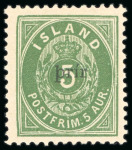 Stamp of Iceland 1897 small "prir" surch. on 5aur green perf. 12 3/4 x 12 3/4, mint l.h.