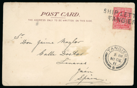 Stamp of Morocco Agencies (British Post Offices) » Collections and Group Lots 1908-21, Group of GB KEVII used in Morocco incl. "SHIP LETTER / TANGIER" hs tying 1d on P&O picture postcard