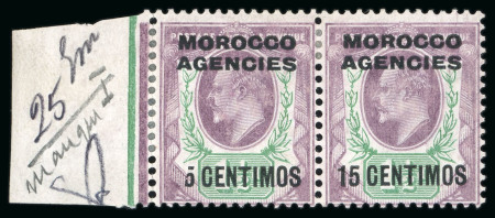 Stamp of Morocco Agencies (British Post Offices) » Spanish Currency 1907-12 15c on 1 1/2d pale dull purple and green with "1" of "15" omitted on two mint h.r. examples in reconstructed left marginal block of four