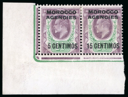 Stamp of Morocco Agencies (British Post Offices) » Spanish Currency 1907-12 15c on 1 1/2d pale dull purple and green with "1" of "15" omitted mint h.r. lower left corner marginal pair 
