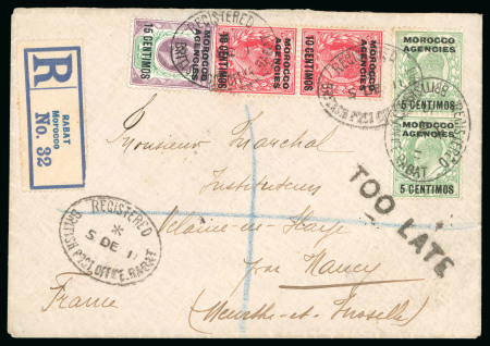 Stamp of Morocco Agencies (British Post Offices) » Spanish Currency Rabat: 1911 (Dec 5) envelope sent registered to France with "TOO LATE" hs