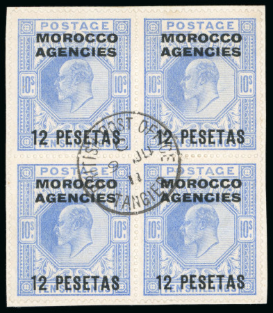 Stamp of Morocco Agencies (British Post Offices) » Spanish Currency 1907-12 12p on 10s blue block of four on piece cancelled by Tangier 9 JU 11 cds