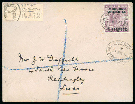 Stamp of Morocco Agencies (British Post Offices) » Spanish Currency Rabat: 1912 (Mar 13) pair of envelopes from the same correspondence sent registered to England