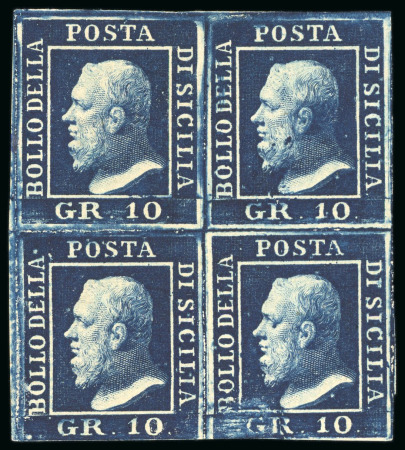 Stamp of Italian States » Sicily 1859, 10 gr. azzurro cupo, blocco di quattro nuovo