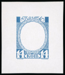 Stamp of Russia 1913 Romanov Tercentenary 14k frame only (void centre) final die proof in blue on glossy paper