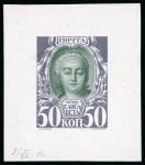 Stamp of Russia 1913 Romanov Tercentenary 50k complete bicolour die proof in dark green and deep purple on glossy paper,