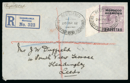 Stamp of Morocco Agencies (British Post Offices) » Spanish Currency 1912 (Mar 20) envelope sent registered to England with 1907-12 3p on 2s6d left marginal tied by Casablanca registered oval ds