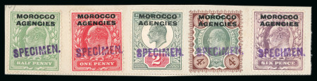 Stamp of Morocco Agencies (British Post Offices) » British Currency 1907-13 1/2d, 1d, 2d, 4d green & brown and 6d with "SPECIMEN" hs on piece + 1s, all  from the Natal UPU archive