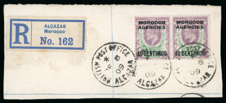 Stamp of Morocco Agencies (British Post Offices) » Spanish Currency Alcazar: 1909 (Dec 8) piece with 15c on 1 1/2d pair tied by Alcazar cds with very scarce registration label adjacent,