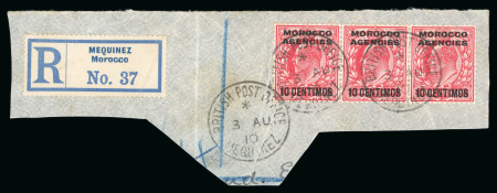 Stamp of Morocco Agencies (British Post Offices) » Spanish Currency Mequinez: 1910 (Aug 3) piece with 10c on 1d strip of three with unique example of the Mequinez registration label