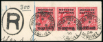Stamp of Morocco Agencies (British Post Offices) » Spanish Currency Mequinez: 1910 (Aug 3) piece with 10c on 1d strip of three with unique example of the Mequinez registration label