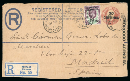 Stamp of Morocco Agencies (British Post Offices) » Spanish Currency Alcazar: 1911 (Dec 31) 30c on 1d+2d registered envelope front with Alcazar registration label