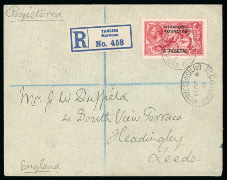 Stamp of Morocco Agencies (British Post Offices) » Spanish Currency Tangier: 1914 (Jun 6) envelope sent registered to England, thought to be the earliest known date of use.