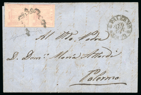 Stamp of Italian States » Sicily » Naples Used in Sicily 1859,  Lettera da Napoli con coppia dell' 1 grana annullato con ferro di cavallo nero