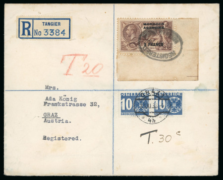 Stamp of Morocco Agencies (British Post Offices) » French Currency Tangier: 1936 (Nov 23) envelope sent registered to Austria with 1935-36 3f on 2s6d corner marginal, underpaid with postage dues