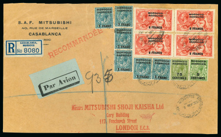 Stamp of Morocco Agencies (British Post Offices) » French Currency Casablanca: 1939 (May 3) commercial parcel piece from Mitsubishi to England, with 1924-32 6f on 5s block of four