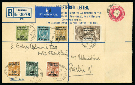 Stamp of Morocco Agencies (British Post Offices) » French Currency Tangier: 1935 (Apr 16) GB 4 1/2d registered envelope, size H, with philatelic franking 