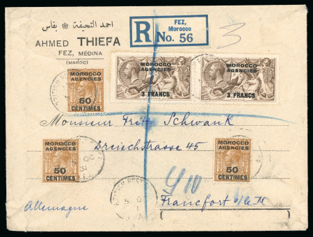 Stamp of Morocco Agencies (British Post Offices) » French Currency Fez: 1931 (Oct 5) commercial envelope sent registered to Germany with 1924-32 Seahorse 3f on 2s6d pair