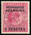 Stamp of Morocco Agencies (British Post Offices) » Spanish Currency 1907-12 6p on 5s specialised group of cancellations