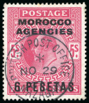 Stamp of Morocco Agencies (British Post Offices) » Spanish Currency 1907-12 6p on 5s specialised group of cancellations