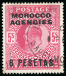 Stamp of Morocco Agencies (British Post Offices) » Spanish Currency 1907-12 6p on 5s specialised group of cancellations