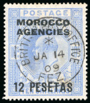 Stamp of Morocco Agencies (British Post Offices) » Spanish Currency 1907-12 12p on 10s cancellation study
