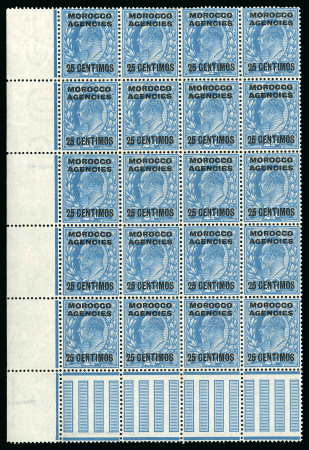 Stamp of Morocco Agencies (British Post Offices) » Spanish Currency 1912 Harrison Printing 25c on 2 1/2d bright blue in mint n.h. lower left corner marginal (top pane) block of 20