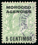 Stamp of Morocco Agencies (British Post Offices) » Spanish Currency Mequinez: 1907-12 5c on 1/2d , two examples with violet Mequinez cds