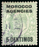 Stamp of Morocco Agencies (British Post Offices) » Spanish Currency Mequinez: 1907-12 5c on 1/2d , two examples with violet Mequinez cds