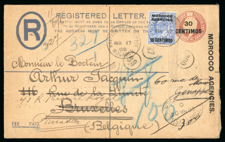 Stamp of Morocco Agencies (British Post Offices) » Spanish Currency Mogador: 1908 (Mar 17) 30c on 1+2d registration envelope (size G) sent to Belgium