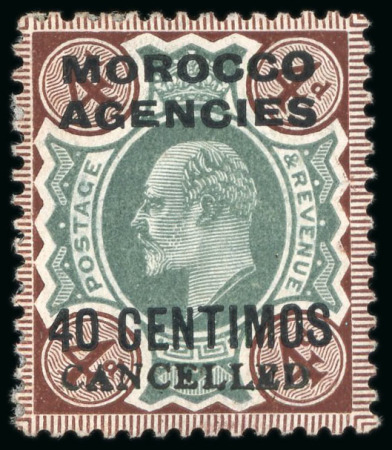 Stamp of Morocco Agencies (British Post Offices) » Spanish Currency 1907-12 40c on 4d green and chocolate-brown with "CANCELLED" ovpt
