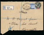 Stamp of Morocco Agencies (British Post Offices) » Spanish Currency Saffi: 1911 (Aug 11) Large part envelope sent registered to France with 20c on 2d fraudulently re-used