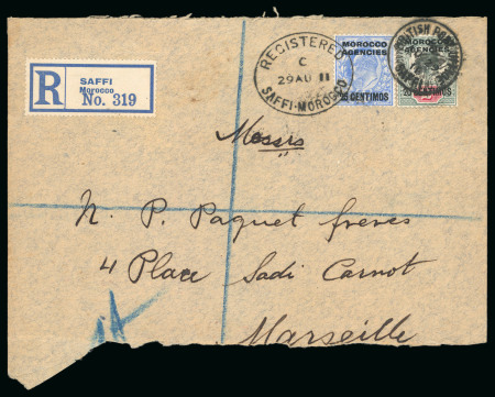 Stamp of Morocco Agencies (British Post Offices) » Spanish Currency Saffi: 1911 (Aug 11) Large part envelope sent registered to France with 20c on 2d fraudulently re-used