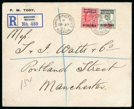 Stamp of Morocco Agencies (British Post Offices) » Spanish Currency Mogador: 1911 (Sep 27) commercial envelope sent registered to England with 20c on 2d and 10c on 1d tied by Mogador cds