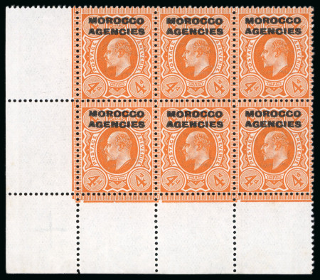 Stamp of Morocco Agencies (British Post Offices) » British Currency 1913 Harrison Printing 4d bright orange mint l.h. lower left corner marginal block of six