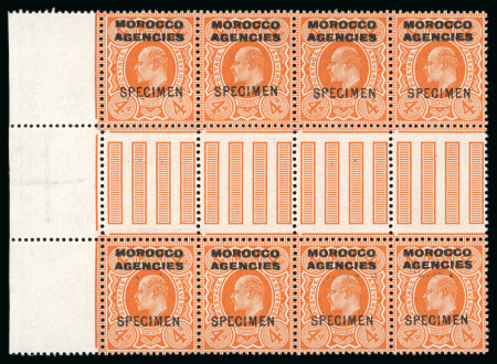 Stamp of Morocco Agencies (British Post Offices) » British Currency 1913 Harrison Printing 4d bright orange with "SPECIMEN" type 26 hs in mint n.h. left marginal gutter block of eight