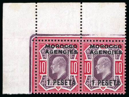 Stamp of Morocco Agencies (British Post Offices) » Spanish Currency 1907-12 1p on 10d with "no cross on crown" variety on second stamp in mint top left corner marginal pair