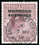 Stamp of Morocco Agencies (British Post Offices) » British Currency 1907-13 2s6d dull purple cancellation study (26)