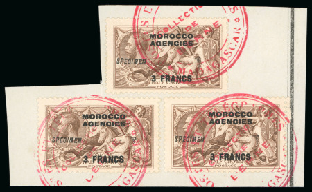 Stamp of Morocco Agencies (British Post Offices) » French Currency 1924-32 Bradbury Wilkinson 3f on 2s6d with "SPECIMEN" hs, three examples on a piece from the Madagascar UPU archive