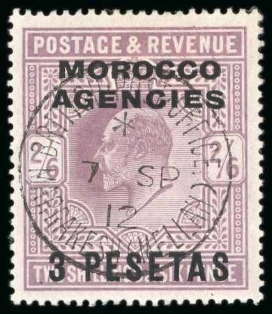 Stamp of Morocco Agencies (British Post Offices) » Spanish Currency 1907-13 3p on 2s6d dull purple with "MARRAKESH (MELLAH)" cds, unique